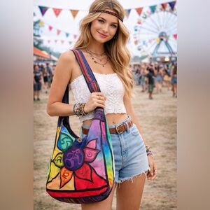 Kathmandu Colorful Lotus Flower OM Symbol Cotton Sling Bag Zipper Pockets NWT